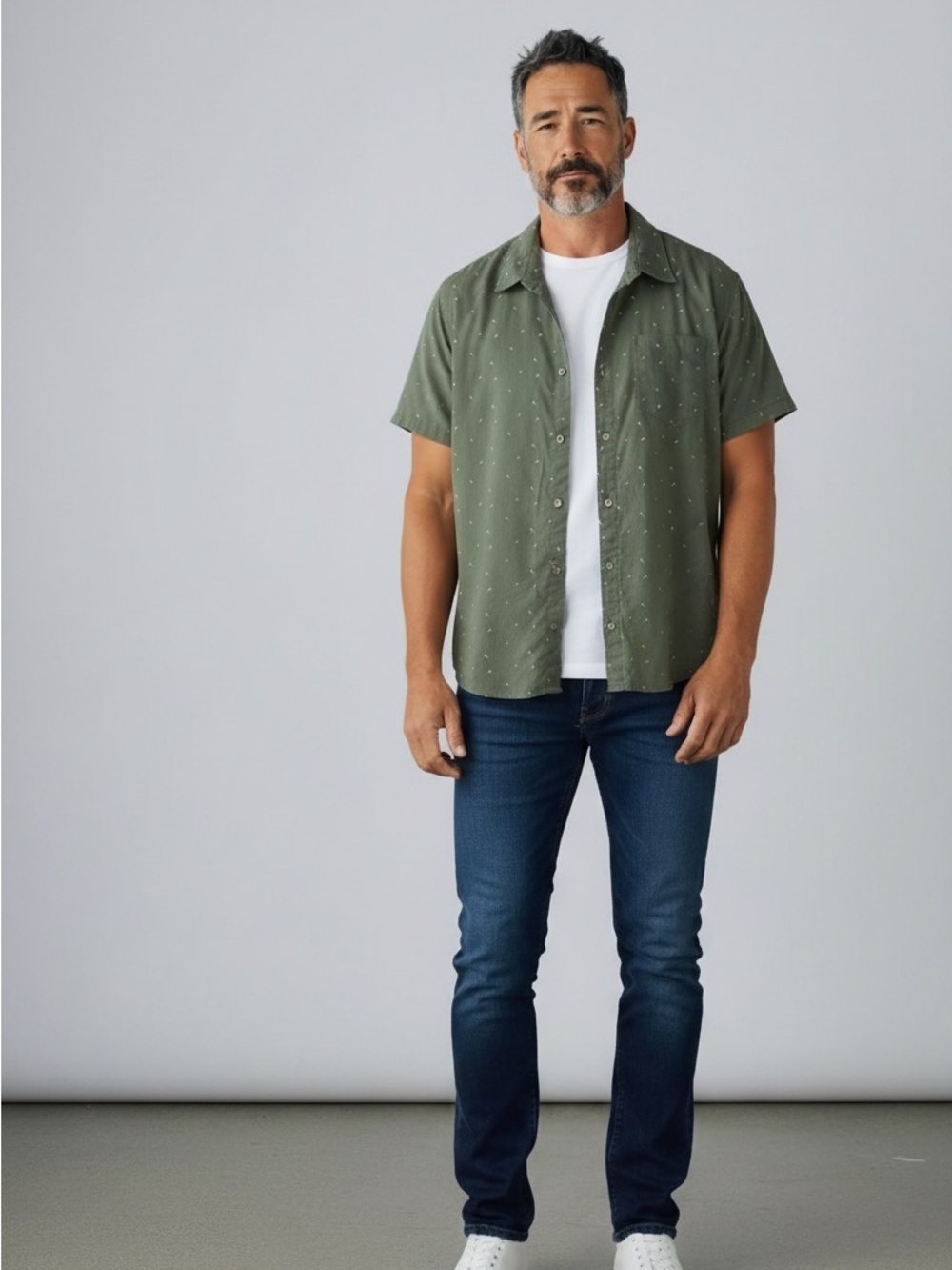 tentree Olive Short-Sleeve Dotted Button-Down Shirt